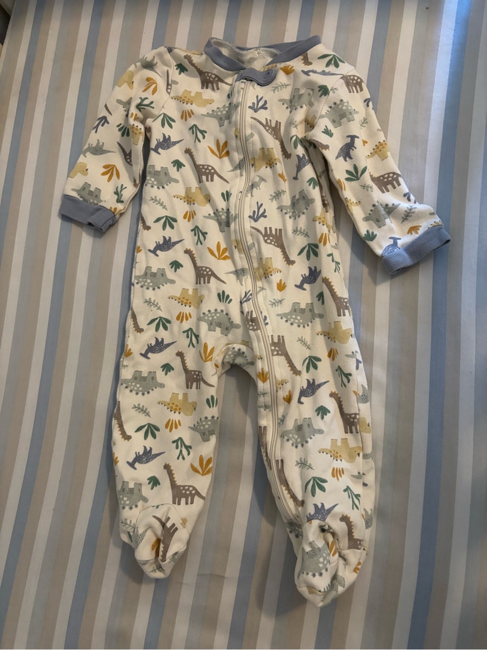 Kyle & Deena Dino Footed Onesie Sleeper in White with Blue Trim
